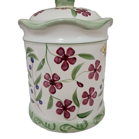 Vntg Hand Painted Ceramic Canister w Lid Butterfly Berries Flowers WHITE GREEN - Picture 7 of 16